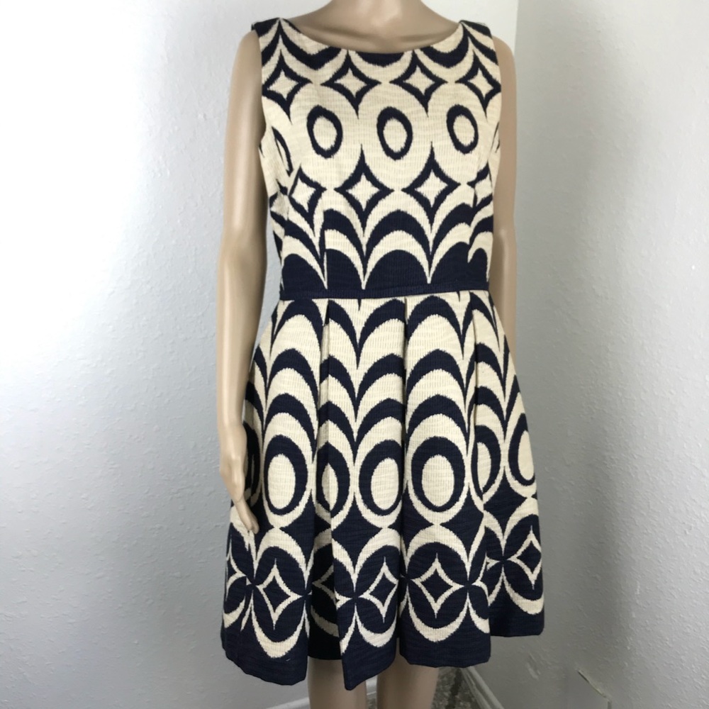 TAYLOR Navy Blue Tan Fit And Flare Pleated Dress textured